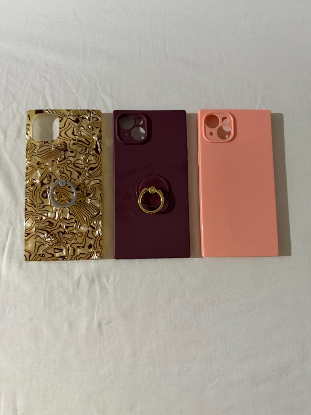3 Pack iPhone 14+/15+ Cases with Ring Holders - Beige Marble, Plum, Pink